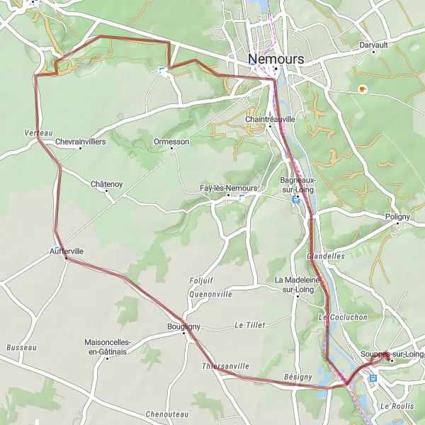 Miniature de la carte de l'inspiration cycliste "Bouclier naturel de Bougligny" dans la Ile-de-France, France. Générée par le planificateur d'itinéraire cycliste Tarmacs.app