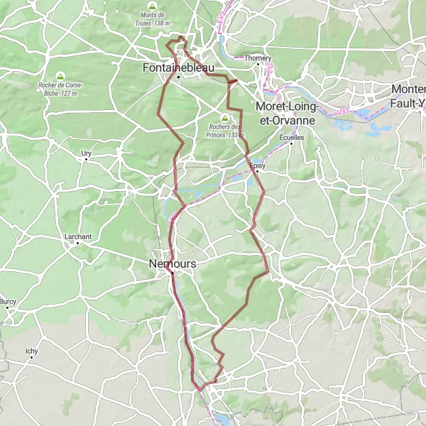 Map miniature of "Gravel Escape: Forests and Rocks" cycling inspiration in Ile-de-France, France. Generated by Tarmacs.app cycling route planner