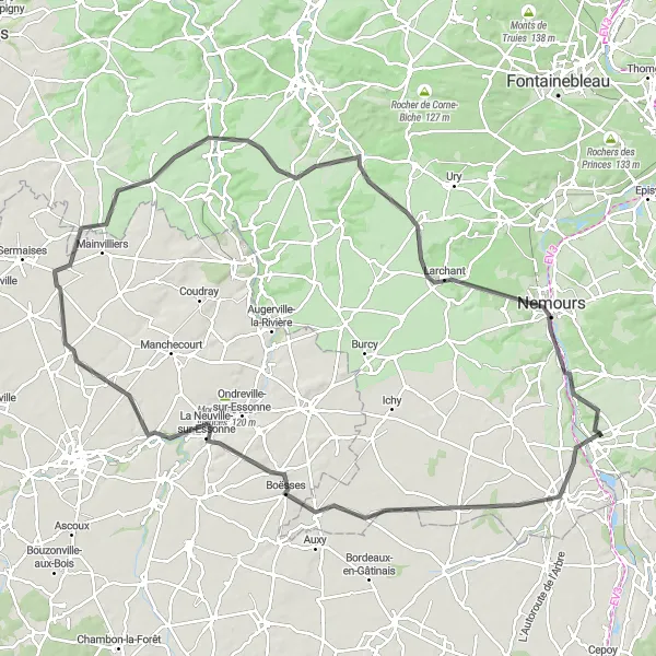 Map miniature of "Exploring the Essonne Valley" cycling inspiration in Ile-de-France, France. Generated by Tarmacs.app cycling route planner