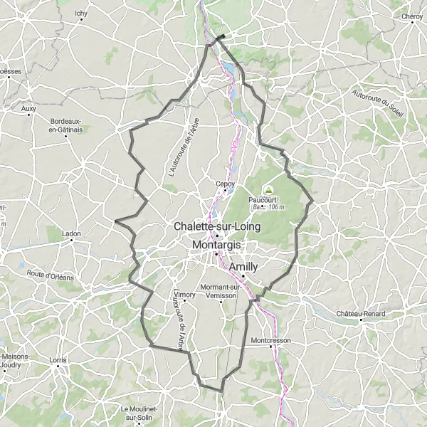 Map miniature of "Loing Valley Discovery" cycling inspiration in Ile-de-France, France. Generated by Tarmacs.app cycling route planner