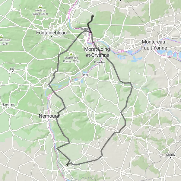 Map miniature of "Fonteneilles Loop" cycling inspiration in Ile-de-France, France. Generated by Tarmacs.app cycling route planner