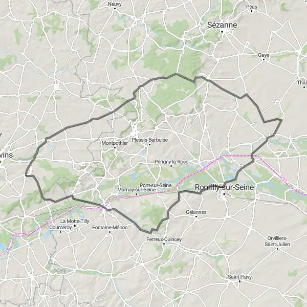 Map miniature of "Challenging road cycling loop from Sourdun" cycling inspiration in Ile-de-France, France. Generated by Tarmacs.app cycling route planner