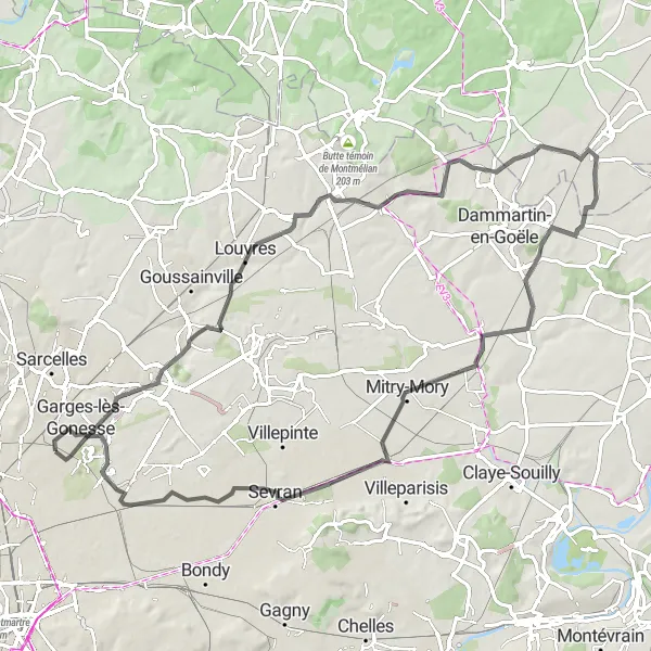 Miniature de la carte de l'inspiration cycliste "Parcours des merveilles de Garges-lès-Gonesse à Dugny" dans la Ile-de-France, France. Générée par le planificateur d'itinéraire cycliste Tarmacs.app