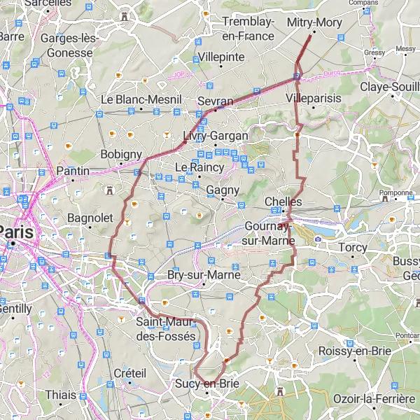 Map miniature of "Sucy-en-Brie to Ormesson-sur-Marne Gravel Route" cycling inspiration in Ile-de-France, France. Generated by Tarmacs.app cycling route planner