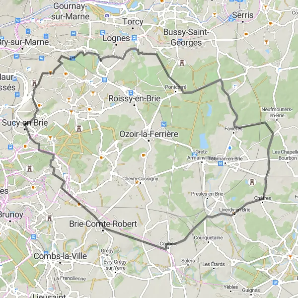 Map miniature of "Sucy-en-Brie - Terrasse de Chennevières - Chennevières-sur-Marne - Pontcarré - Châtres - Brie-Comte-Robert - Santeny" cycling inspiration in Ile-de-France, France. Generated by Tarmacs.app cycling route planner