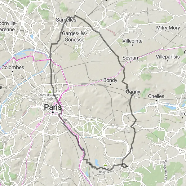 Map miniature of "Sucy-en-Brie - Table d'Orientation - Alfortville - Bastille - Montmartre - Sarcelles - Aulnay-sous-Bois - Neuilly-sur-Marne - Terrasse de Chennevières" cycling inspiration in Ile-de-France, France. Generated by Tarmacs.app cycling route planner