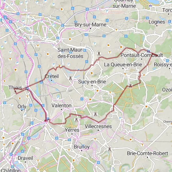 Miniature de la carte de l'inspiration cycliste "Boucle à partir de Thiais - Tour de la Banlieue Est" dans la Ile-de-France, France. Générée par le planificateur d'itinéraire cycliste Tarmacs.app