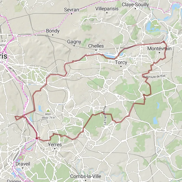 Map miniature of "Gravel Adventure to Villeneuve-Saint-Georges" cycling inspiration in Ile-de-France, France. Generated by Tarmacs.app cycling route planner