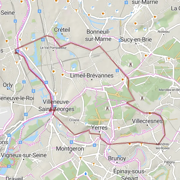 Map miniature of "Gravel Routes near Thiais" cycling inspiration in Ile-de-France, France. Generated by Tarmacs.app cycling route planner