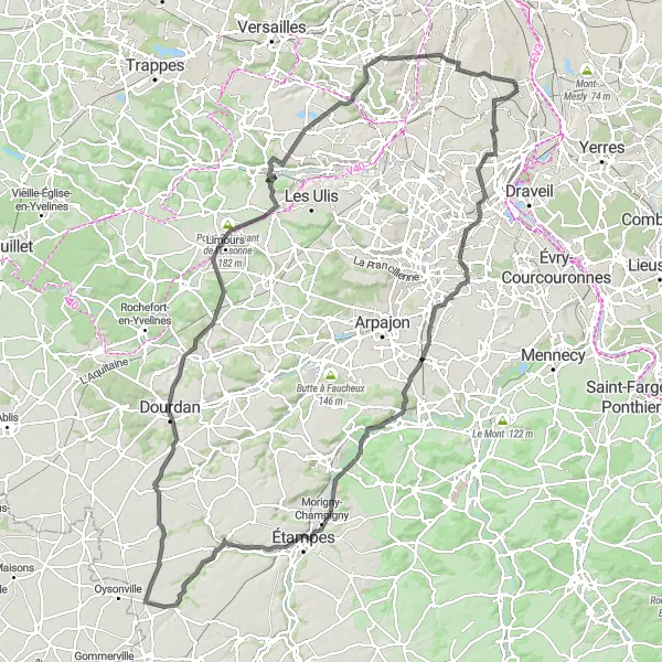 Miniature de la carte de l'inspiration cycliste "Le Circuit des Châteaux" dans la Ile-de-France, France. Générée par le planificateur d'itinéraire cycliste Tarmacs.app