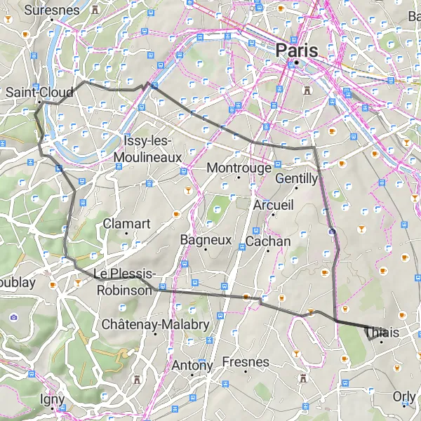 Miniature de la carte de l'inspiration cycliste "Parcours Road des Cascades à Villejuif" dans la Ile-de-France, France. Générée par le planificateur d'itinéraire cycliste Tarmacs.app