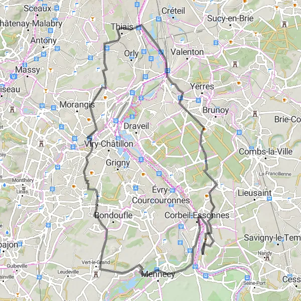Map miniature of "Captivating Road Route to Morsang-sur-Orge" cycling inspiration in Ile-de-France, France. Generated by Tarmacs.app cycling route planner
