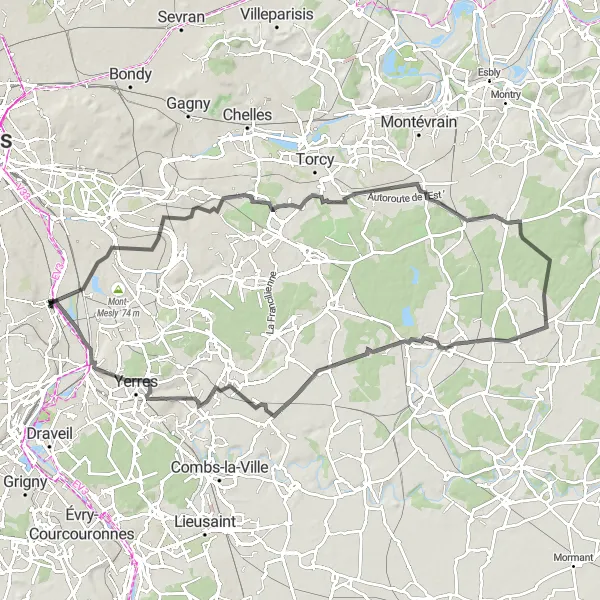 Miniature de la carte de l'inspiration cycliste "Route du Sud-Est Parisien" dans la Ile-de-France, France. Générée par le planificateur d'itinéraire cycliste Tarmacs.app