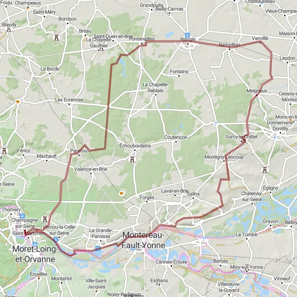 Map miniature of "The Countryside Retreat" cycling inspiration in Ile-de-France, France. Generated by Tarmacs.app cycling route planner