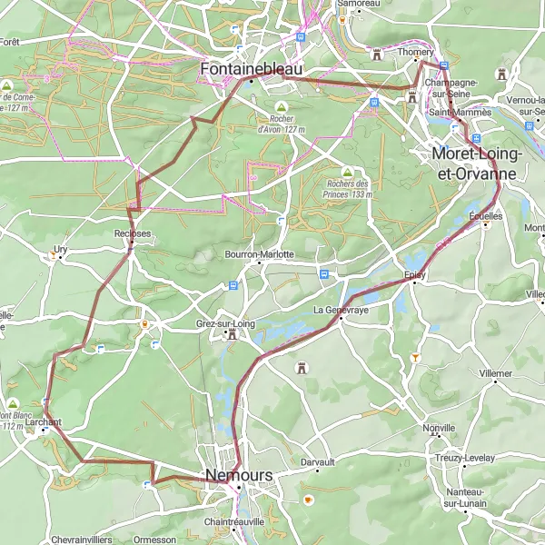 Map miniature of "Fontainebleau Gravel Adventure" cycling inspiration in Ile-de-France, France. Generated by Tarmacs.app cycling route planner