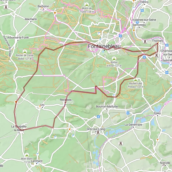 Miniature de la carte de l'inspiration cycliste "Boucle autour de Fontainebleau" dans la Ile-de-France, France. Générée par le planificateur d'itinéraire cycliste Tarmacs.app