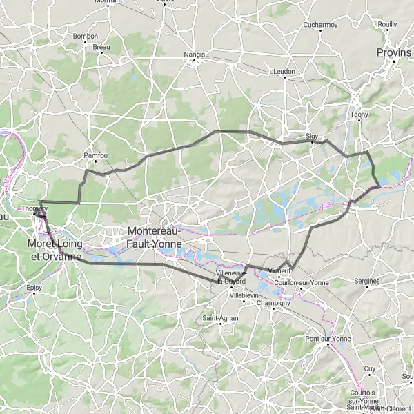 Map miniature of "Scenic Tour of Seine-et-Marne" cycling inspiration in Ile-de-France, France. Generated by Tarmacs.app cycling route planner