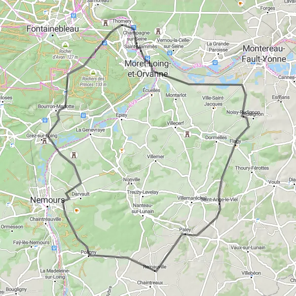 Miniature de la carte de l'inspiration cycliste "Boucle vers Grez-sur-Loing" dans la Ile-de-France, France. Générée par le planificateur d'itinéraire cycliste Tarmacs.app