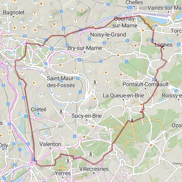 Map miniature of "Gravel Adventure in the Eastern Suburbs" cycling inspiration in Ile-de-France, France. Generated by Tarmacs.app cycling route planner