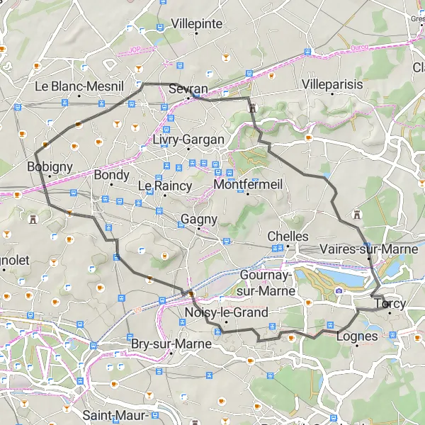 Map miniature of "Tour around Torcy and its Surrounding Towns" cycling inspiration in Ile-de-France, France. Generated by Tarmacs.app cycling route planner
