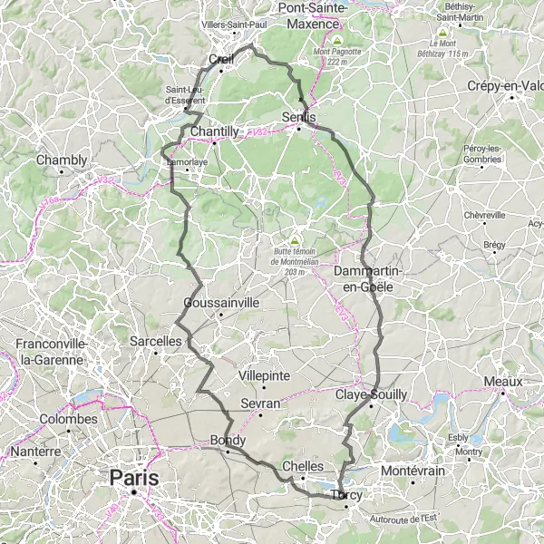 Map miniature of "The Valois Circuit" cycling inspiration in Ile-de-France, France. Generated by Tarmacs.app cycling route planner