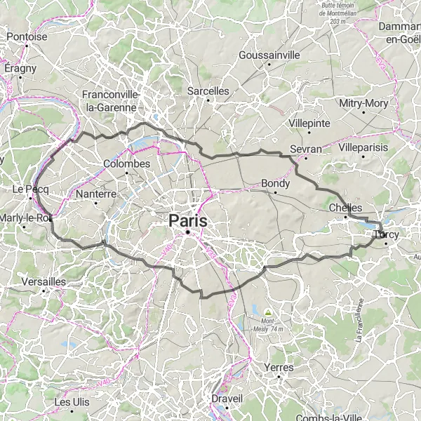 Map miniature of "Roads Less Traveled" cycling inspiration in Ile-de-France, France. Generated by Tarmacs.app cycling route planner