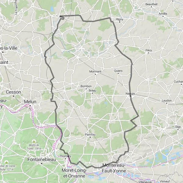 Map miniature of "The Brie Grand Tour" cycling inspiration in Ile-de-France, France. Generated by Tarmacs.app cycling route planner