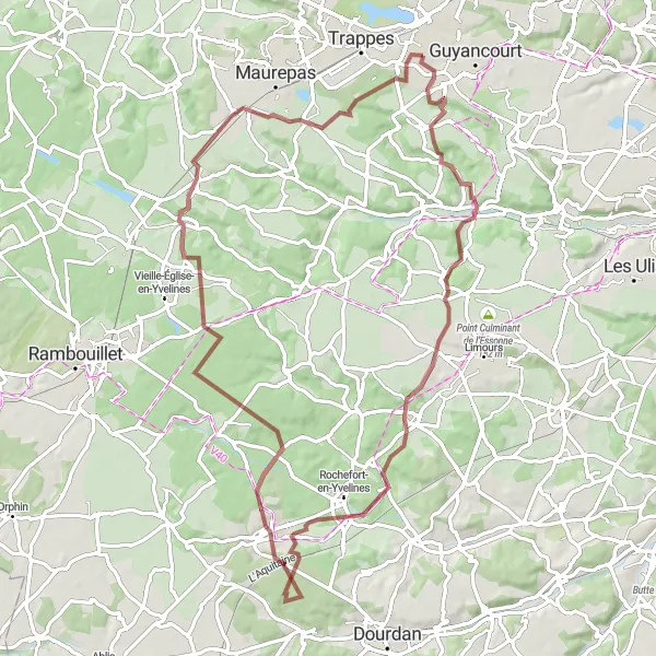 Map miniature of "Gravel Route through Boullay-les-Troux, Bonnelles, and Saint-Arnoult-en-Yvelines" cycling inspiration in Ile-de-France, France. Generated by Tarmacs.app cycling route planner