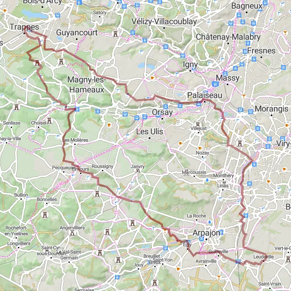 Map miniature of "Gravel Route through Villiers-le-Bâcle, Saint-Michel-sur-Orge, and Briis-sous-Forges" cycling inspiration in Ile-de-France, France. Generated by Tarmacs.app cycling route planner