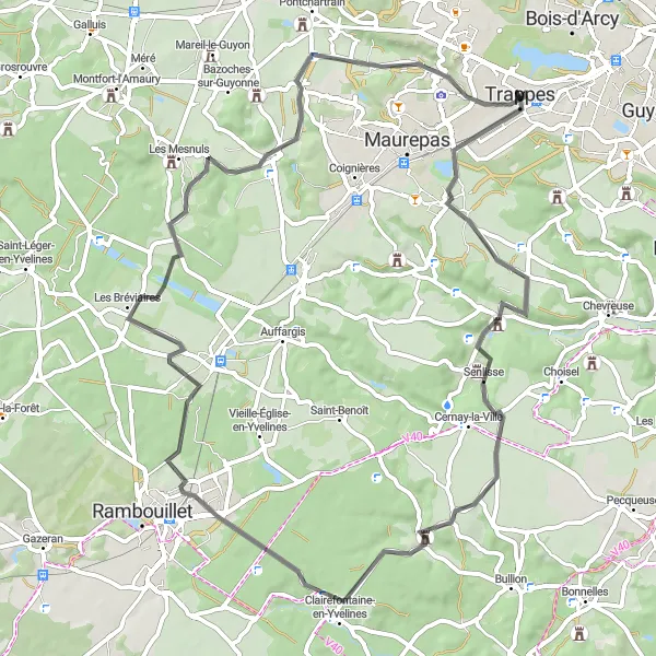 Map miniature of "Road Route through Saint-Forget, La Celle-les-Bordes, and Transdev Rambouillet" cycling inspiration in Ile-de-France, France. Generated by Tarmacs.app cycling route planner