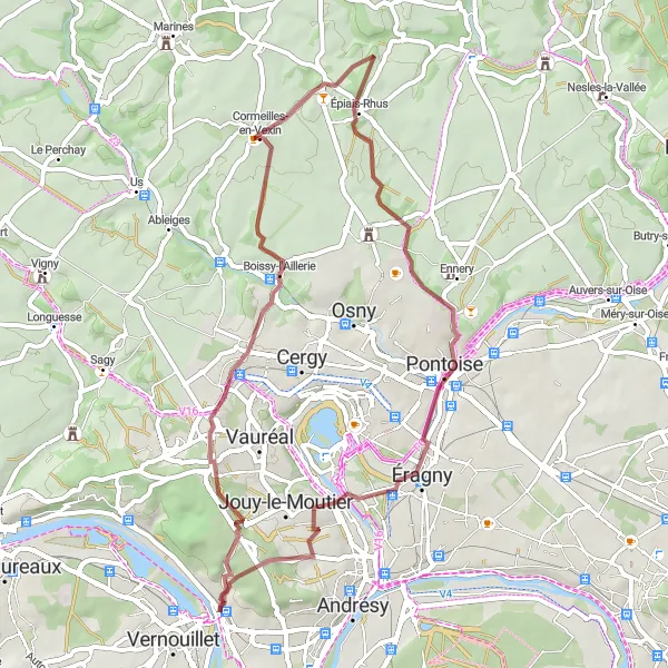 Miniature de la carte de l'inspiration cycliste "Boucle gravelle autour de Triel-sur-Seine" dans la Ile-de-France, France. Générée par le planificateur d'itinéraire cycliste Tarmacs.app