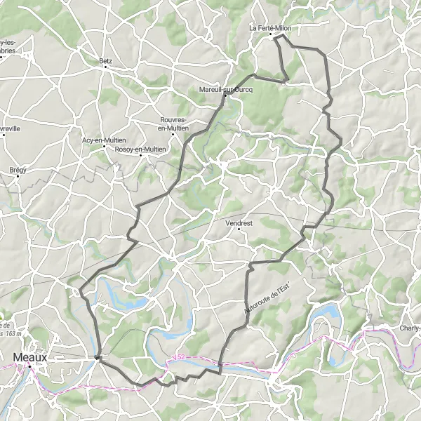 Map miniature of "The Meaux Loop" cycling inspiration in Ile-de-France, France. Generated by Tarmacs.app cycling route planner