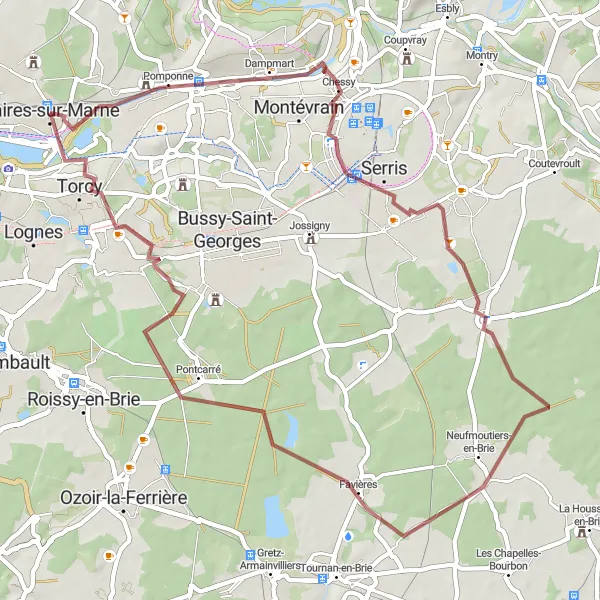 Map miniature of "Gravel route towards Lagny-sur-Marne and Pontcarré" cycling inspiration in Ile-de-France, France. Generated by Tarmacs.app cycling route planner