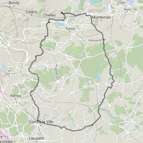 Map miniature of "Vaires-sur-Marne to Sucy-en-Brie Road Cycling route" cycling inspiration in Ile-de-France, France. Generated by Tarmacs.app cycling route planner