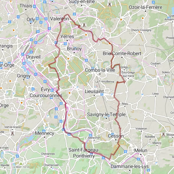 Map miniature of "Valenton Gravel Excursion to Montgeron" cycling inspiration in Ile-de-France, France. Generated by Tarmacs.app cycling route planner