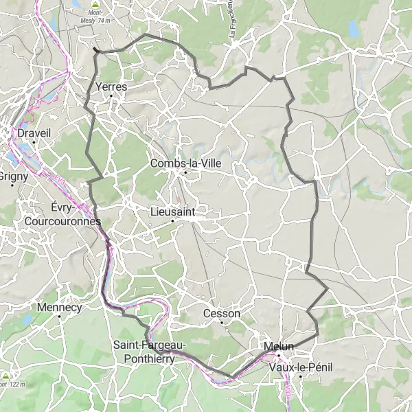 Map miniature of "Challenging Route to Montgeron" cycling inspiration in Ile-de-France, France. Generated by Tarmacs.app cycling route planner