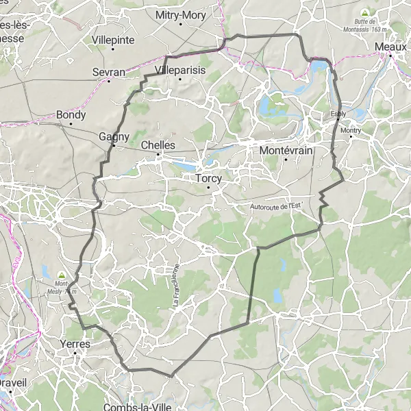 Miniature de la carte de l'inspiration cycliste "Circuit des Marne et Morin" dans la Ile-de-France, France. Générée par le planificateur d'itinéraire cycliste Tarmacs.app