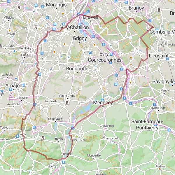 Map miniature of "Exploring the Scenic Routes of Essonne" cycling inspiration in Ile-de-France, France. Generated by Tarmacs.app cycling route planner