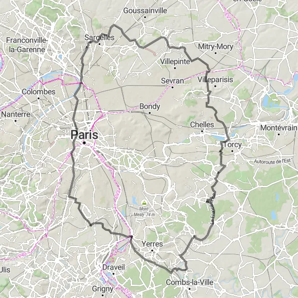 Map miniature of "Exploration of South-eastern Paris and Beyond" cycling inspiration in Ile-de-France, France. Generated by Tarmacs.app cycling route planner