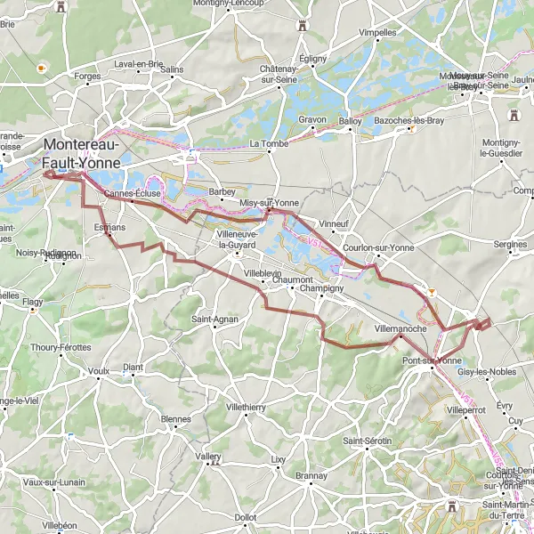 Miniature de la carte de l'inspiration cycliste "Circuit gravel de 64km autour de Varennes-sur-Seine" dans la Ile-de-France, France. Générée par le planificateur d'itinéraire cycliste Tarmacs.app