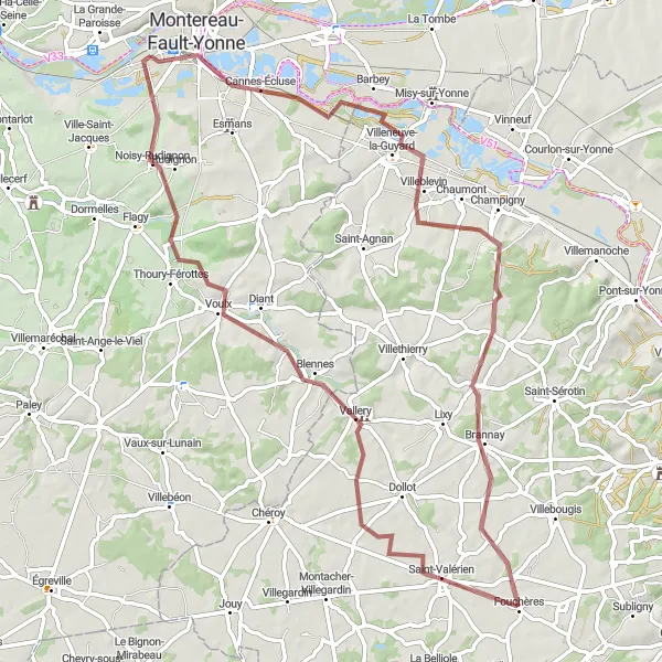 Miniature de la carte de l'inspiration cycliste "Randonnée gravel autour de Varennes-sur-Seine" dans la Ile-de-France, France. Générée par le planificateur d'itinéraire cycliste Tarmacs.app