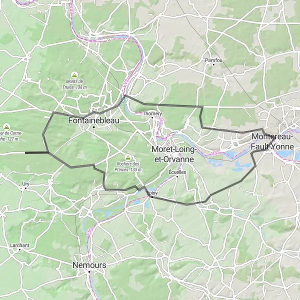 Miniature de la carte de l'inspiration cycliste "Parcours de 70km en Ile-de-France" dans la Ile-de-France, France. Générée par le planificateur d'itinéraire cycliste Tarmacs.app