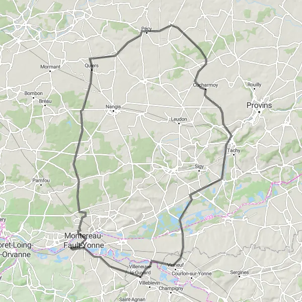 Miniature de la carte de l'inspiration cycliste "Boucle de 109km depuis Varennes-sur-Seine" dans la Ile-de-France, France. Générée par le planificateur d'itinéraire cycliste Tarmacs.app