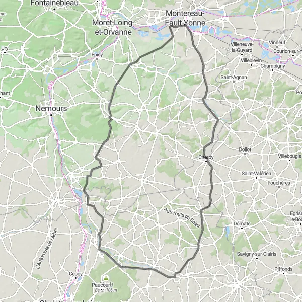 Miniature de la carte de l'inspiration cycliste "Boucle de Varennes à Montereau-Fault-Yonne" dans la Ile-de-France, France. Générée par le planificateur d'itinéraire cycliste Tarmacs.app