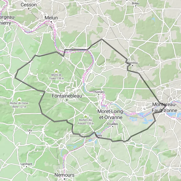 Miniature de la carte de l'inspiration cycliste "Le Tour de la Brie" dans la Ile-de-France, France. Générée par le planificateur d'itinéraire cycliste Tarmacs.app