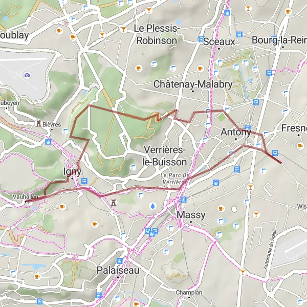 Miniature de la carte de l'inspiration cycliste "Petit tour de gravel aux alentours de Vauhallan" dans la Ile-de-France, France. Générée par le planificateur d'itinéraire cycliste Tarmacs.app
