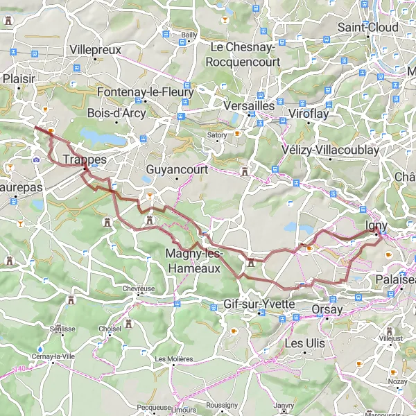 Miniature de la carte de l'inspiration cycliste "Exploration des Environs de Saclay" dans la Ile-de-France, France. Générée par le planificateur d'itinéraire cycliste Tarmacs.app