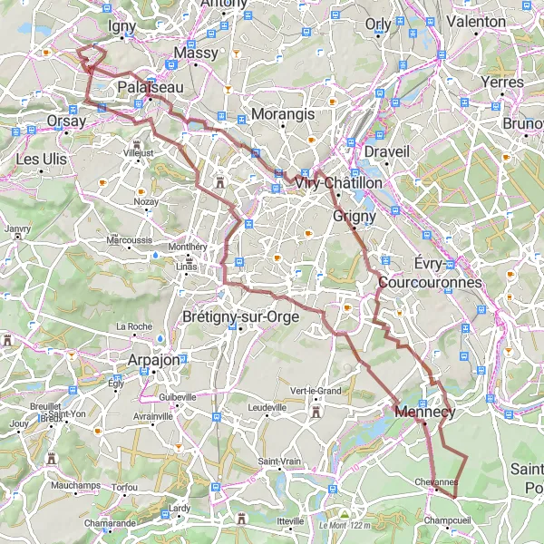 Miniature de la carte de l'inspiration cycliste "Aventure au Coeur de l'Essonne" dans la Ile-de-France, France. Générée par le planificateur d'itinéraire cycliste Tarmacs.app