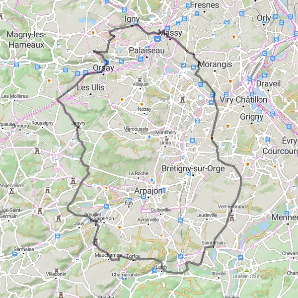 Miniature de la carte de l'inspiration cycliste "Boucle des Châteaux du Hurepoix" dans la Ile-de-France, France. Générée par le planificateur d'itinéraire cycliste Tarmacs.app