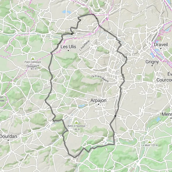 Miniature de la carte de l'inspiration cycliste "Escapade à vélo de route dans les environs de Vauhallan" dans la Ile-de-France, France. Générée par le planificateur d'itinéraire cycliste Tarmacs.app